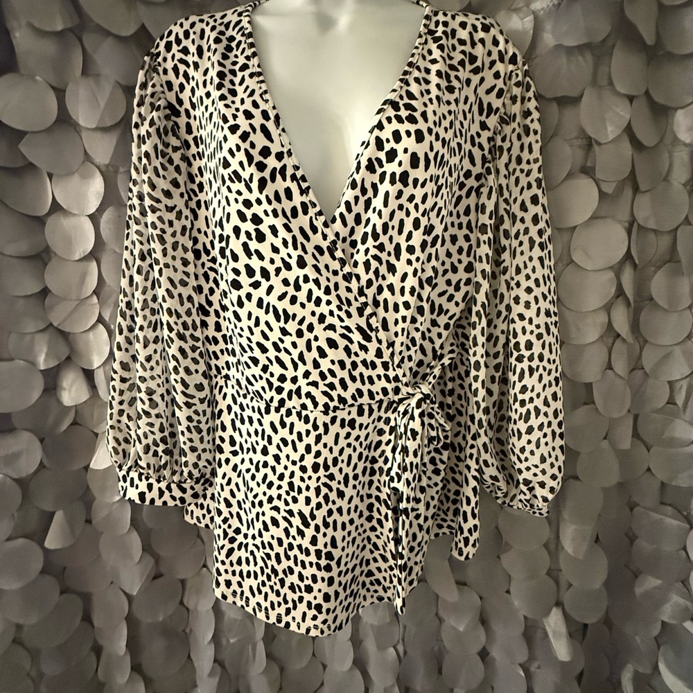 PerSeption Concept Cream and Black Animal Print Wrap Blouse